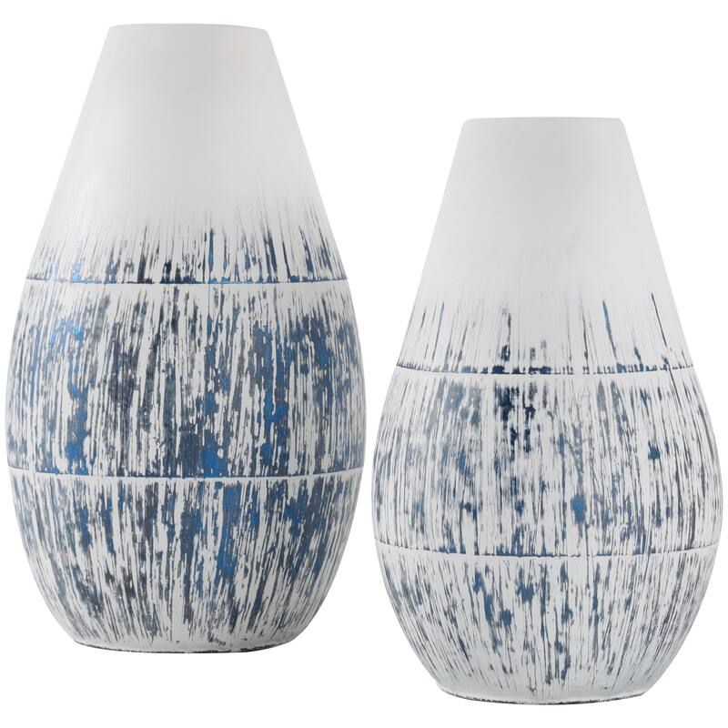 Blue Metal Brushed Decorative Vase with White Background (Set of 2)