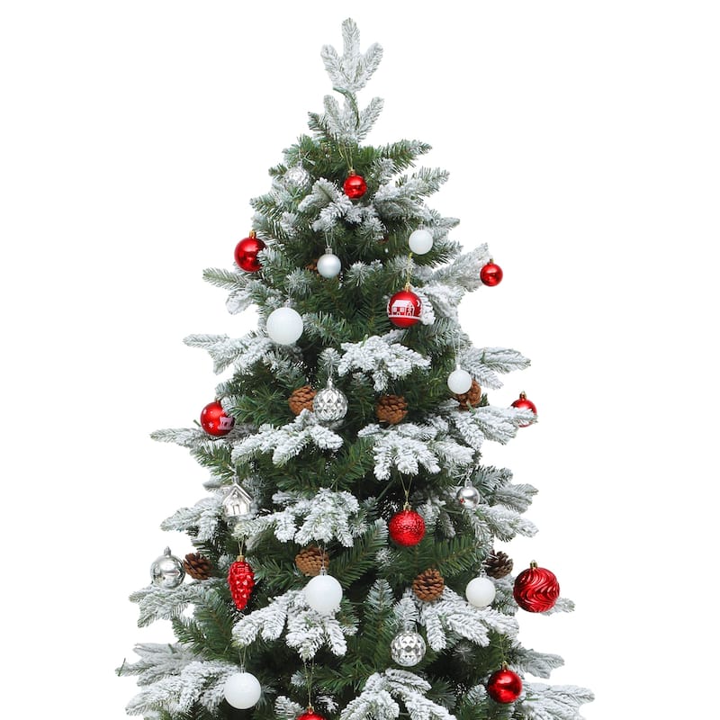 Moasis 7.5ft Prelit Flocked Tiered Christmas Tree with Remote, 1200 Tips, 36 Pine Cones, 11 Light Modes