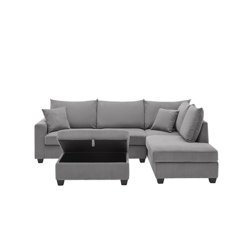 Rowan 107"W Dark Gray Corduroy Fabric Sectional Sofa with Right Facing Chaise, USB & USB-C Port, Storage Ottoman, and Pillows