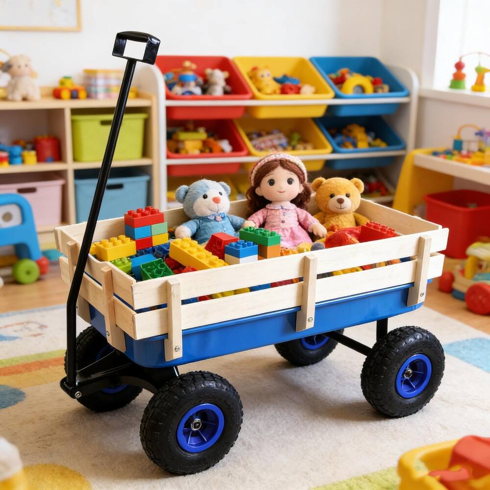 Anmytek Garden Cart Utility Wagon with Inflatable Tires Outdoor Hauler Blue Wooden