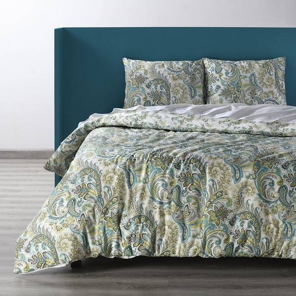 Exclusive Fabrics Spindrift Teal and Yellow Cotton Percale Printed Reversible Duvet Cover Set. Opens flyout.