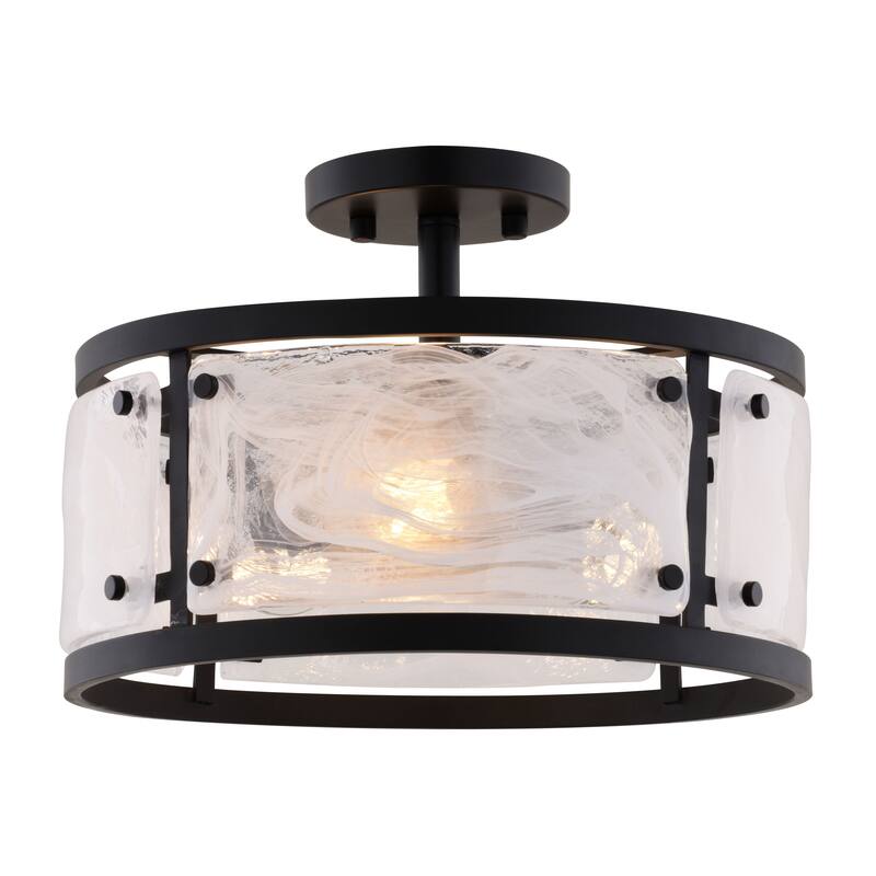Wilder 3-Light Matte Black Modern Drum Semi Flush Mount Lighting Ceiling Fixture, White Swirl Glass Shade