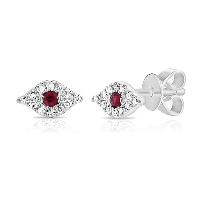 Joelle Collection Evil Eye Studs Earrings Ruby & Diamonds 14K Gold - Evil Eye Ruby Earring - White