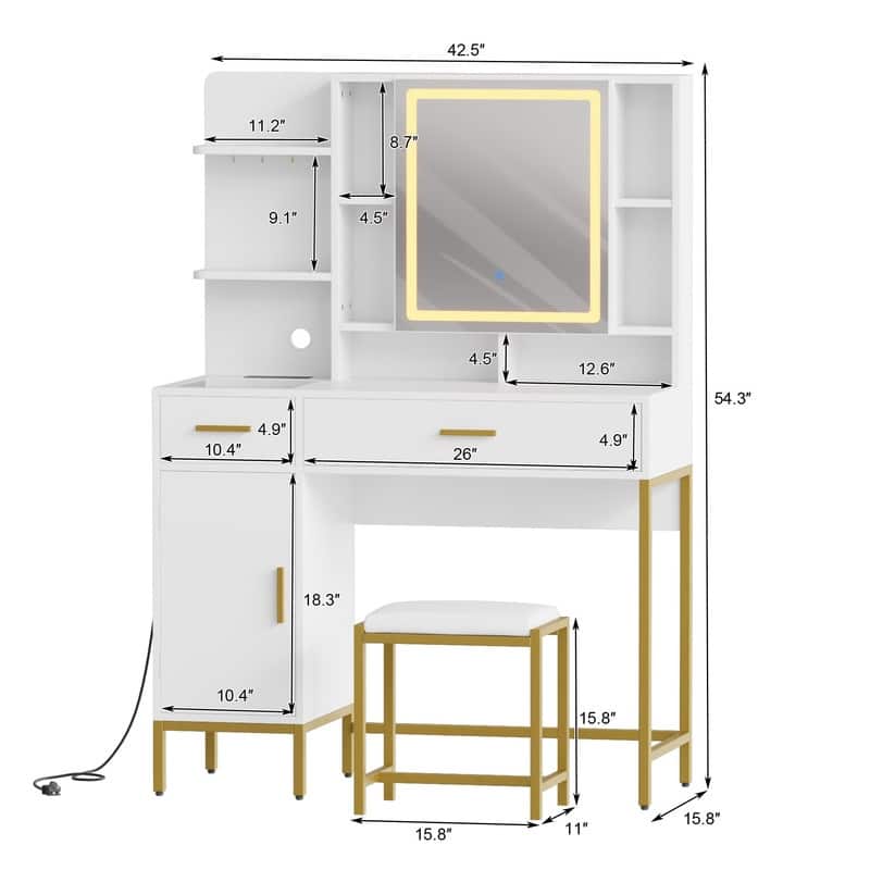 Vanity Table with LED Mirror, Stool, Shelves, Drawers, Cabinets, Charging Station