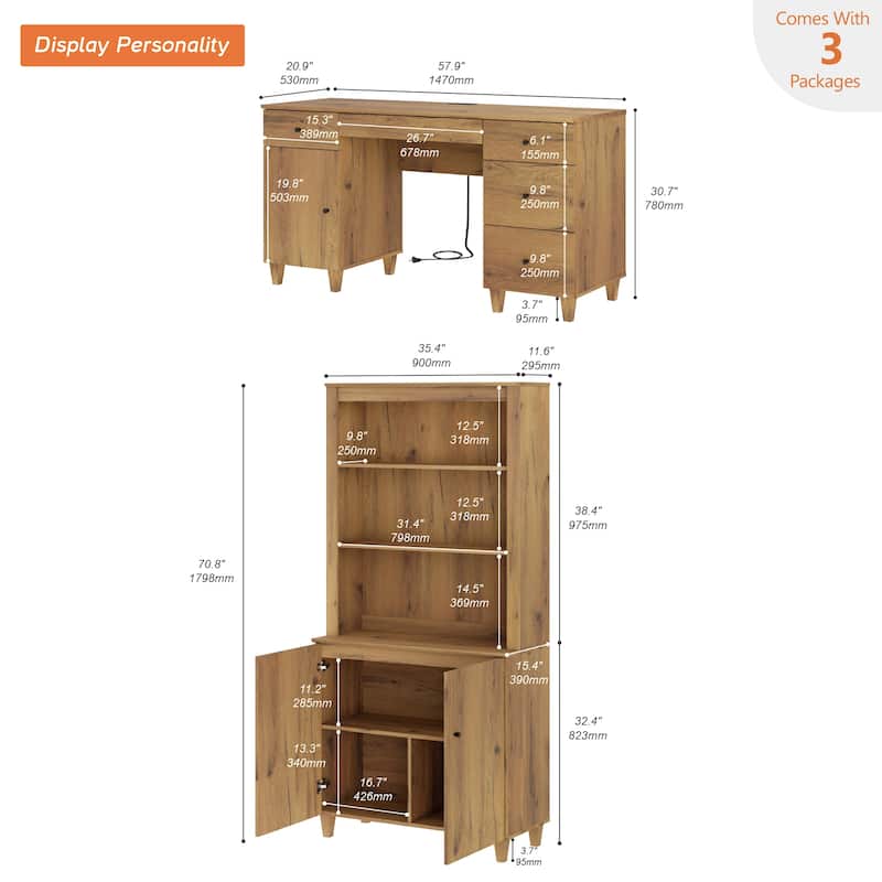 WAMPAT Home Office Furniture Set, 58" Executive Desk with Cabinet, 71" Tall Bookcase with Doors and Adjustable Shelves