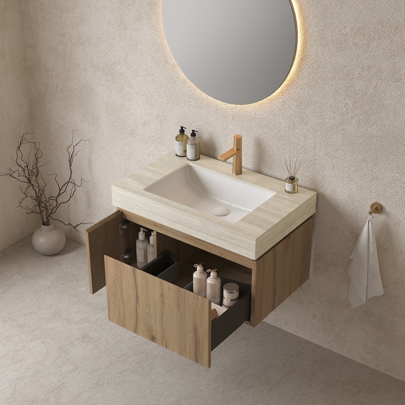30" Bathroom Vanity with Sink, Wall-Mounted Plywood Bathroom Storage Cabinet with Drawer & Door