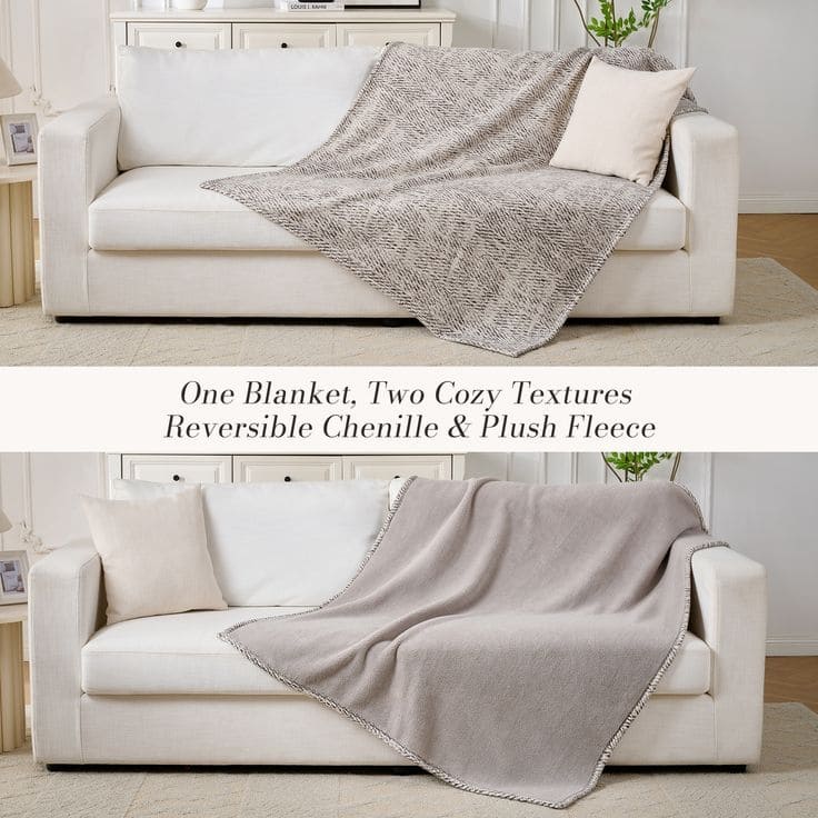 50" x 60" Single Layer Reversible Printed Chenille, Fleece Throw Blanket With Two Plush Effects, Soft and Machine Washable
