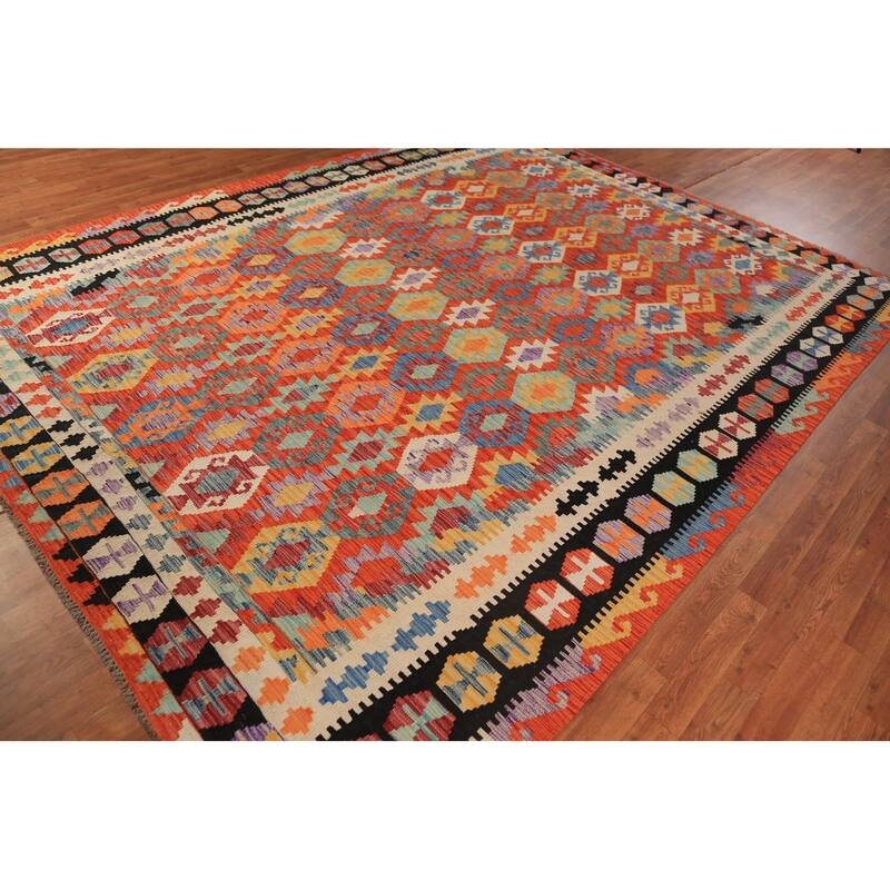 Orange Geometric Kilim Oriental Area Rug Handmade Wool Carpet - 8'7"x 11'3"