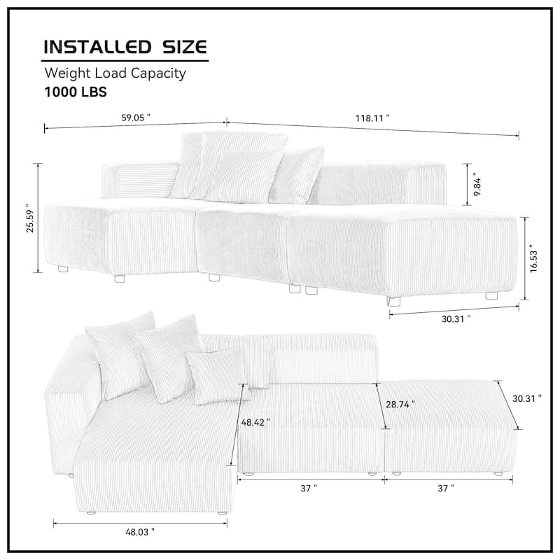 Grey 118.11'' L-Shaped 3-Seat Modular Sectional Sofa with 4 Decorative Throw Pillows, Perfect for Small Spaces