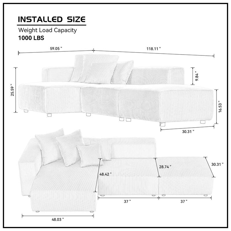 Modular Soft Corduroy Sectional Sofa Set with Small L-Shaped Chaise and Ottoman & Throw Pillows