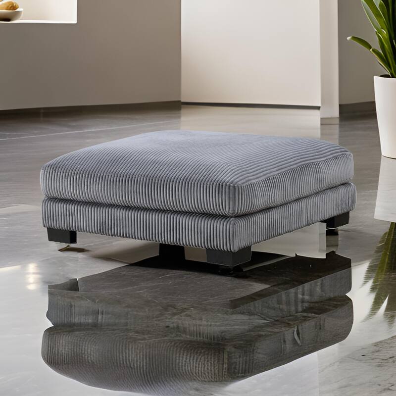 Rix 45 Inch Ottoman, Attached Seat Cushion in Gray Corduroy Fabric, Wood