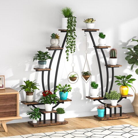 6 Tier Plant Stand Pack of 2, Multipurpose Flower Potted Plant Display Shelf Rack with 2 Hooks for Living Room Garden Balcony