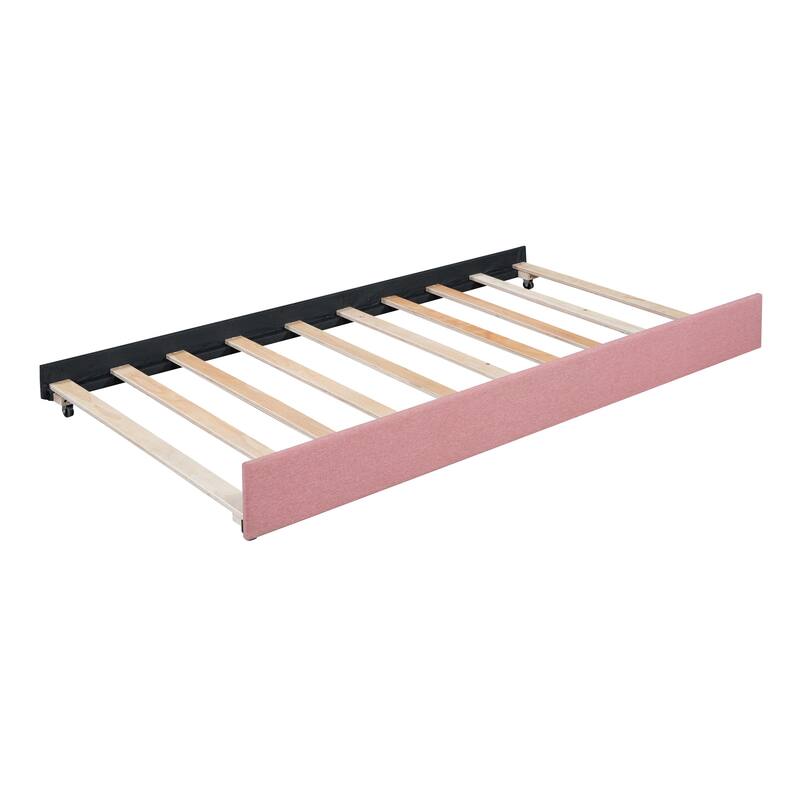 Twin Size Upholstered Daybed with Trundle, Linen Fabric, Pink, No Box Spring Needed