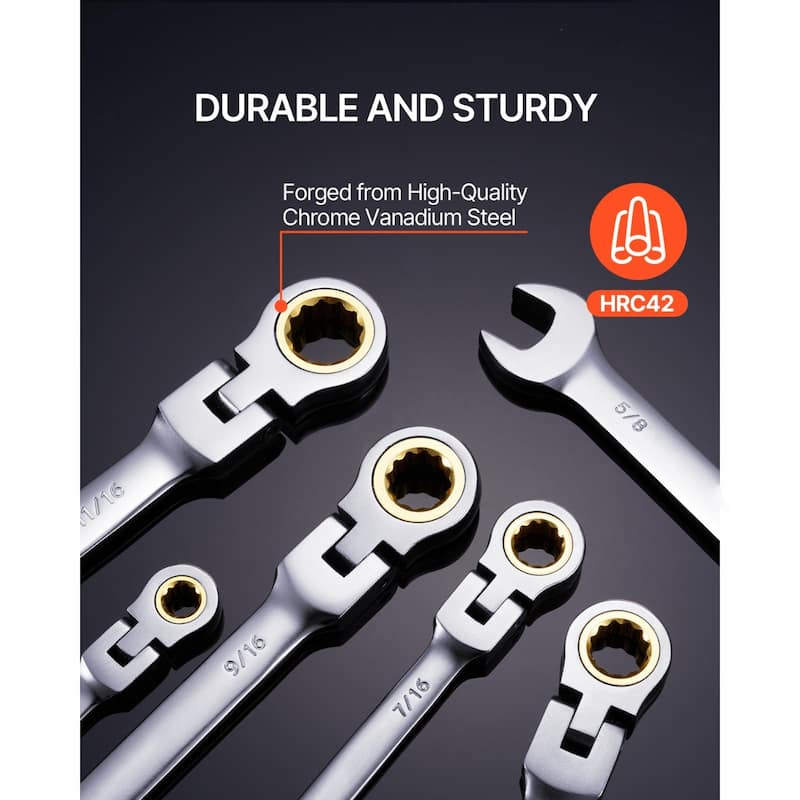 8 Pieces Carbon Steel SAE Flex-Head Wrench Set with 72-Tooth Ratchet Ideal for DIY Projects or Household Repairs