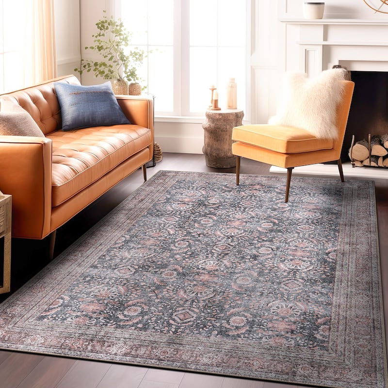 World Rug Gallery Vintage Inspired Machine Washable Non Slip Area Rug - 4' x 6' - Charcoal - Rectangle