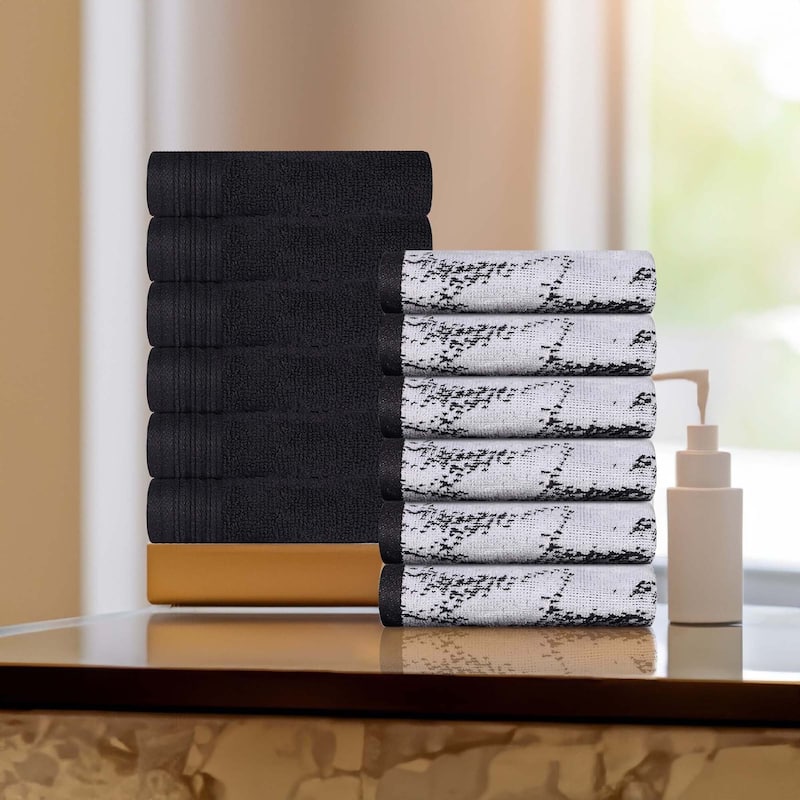 Superior Cotton Solid and Marble Face Towel Set of 12 - Black