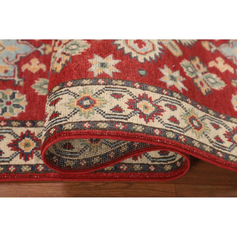 Geometric Red Kazak Runner Rug Hand-Knotted Wool Carpet - 2'1" x 6'0"