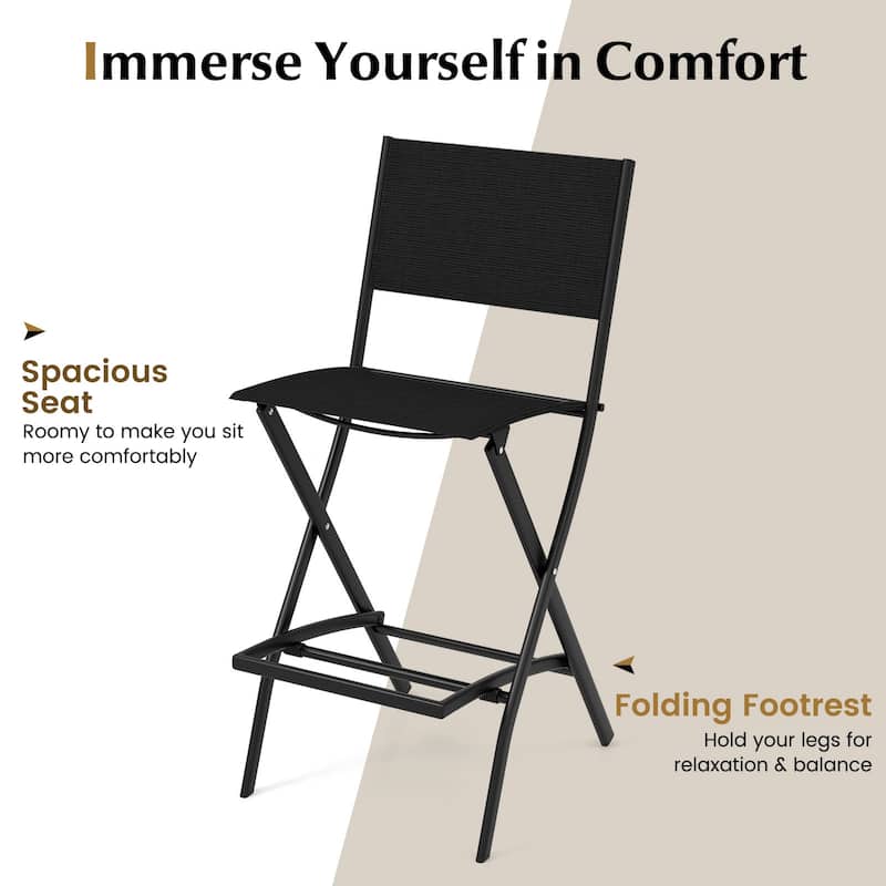28 Inch Set of 2 Folding Bar Stools with Metal Frame and Footrest for Patio Balcony or Garden Use - 18" x 22.5" x 40"
