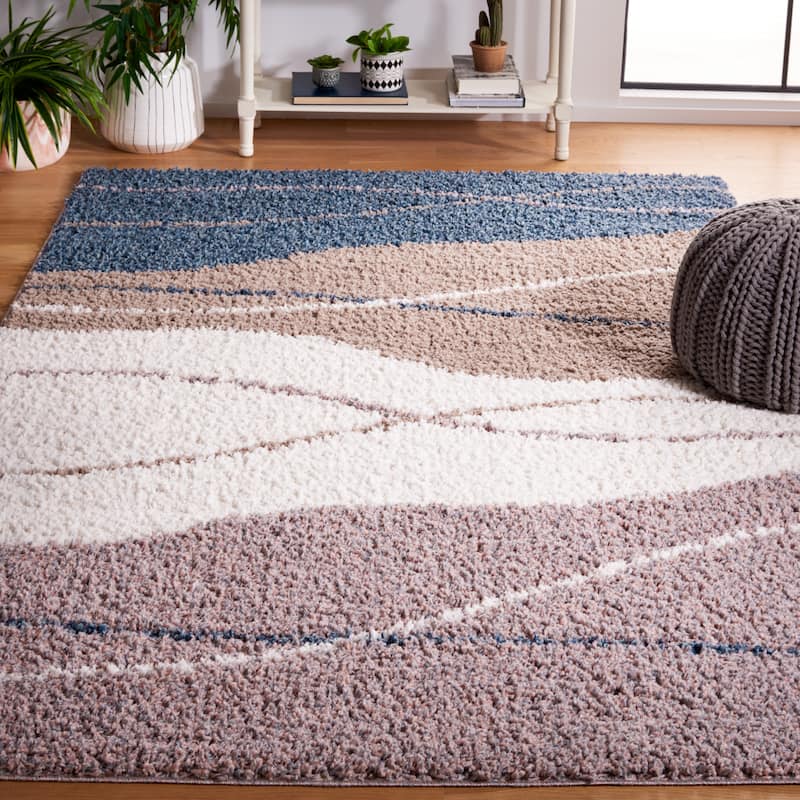 SAFAVIEH Calico Shag Isabell Abstract 1.5-inch Thick Rug - 6'7" Square - Taupe/Blue