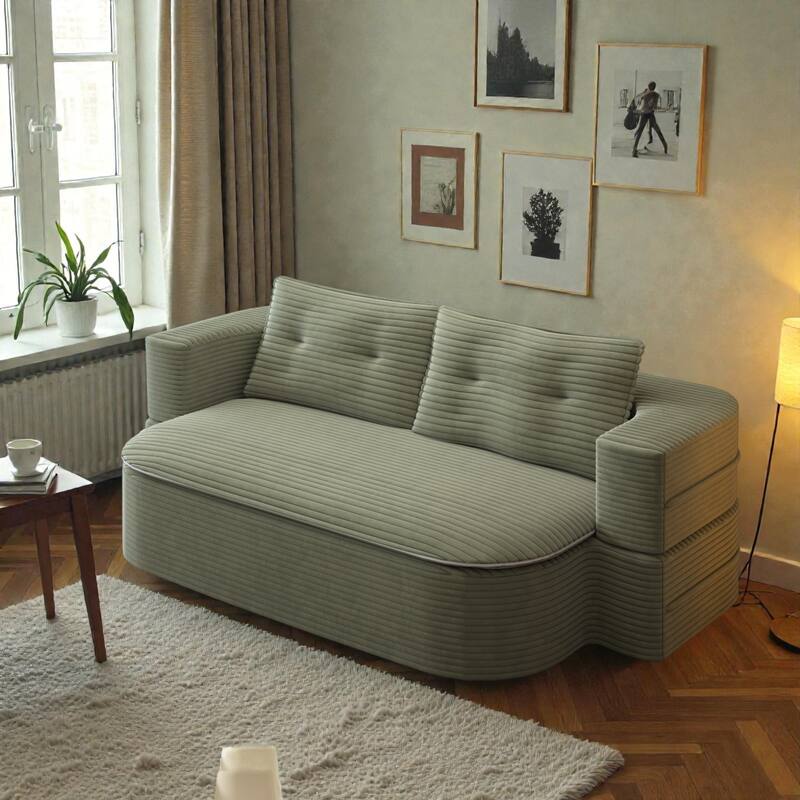 78.7 Inch Convertible Floor Sofa Bed, Plush Corduroy Sleeper Couch with Blanket and 2 Pillows, Deep Seat