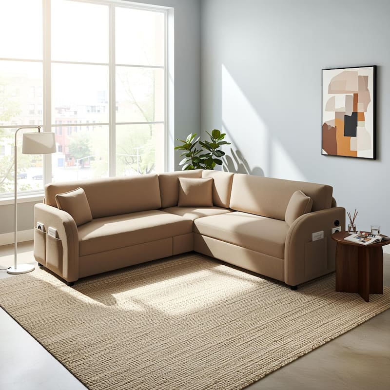 Homy Casa 85"/115" L-Shaped Sectional Sofa Bed USB & Side Pocket, Teddy Fabric Pull-Out Sleeper, Reversible Chaise, Multi Colors