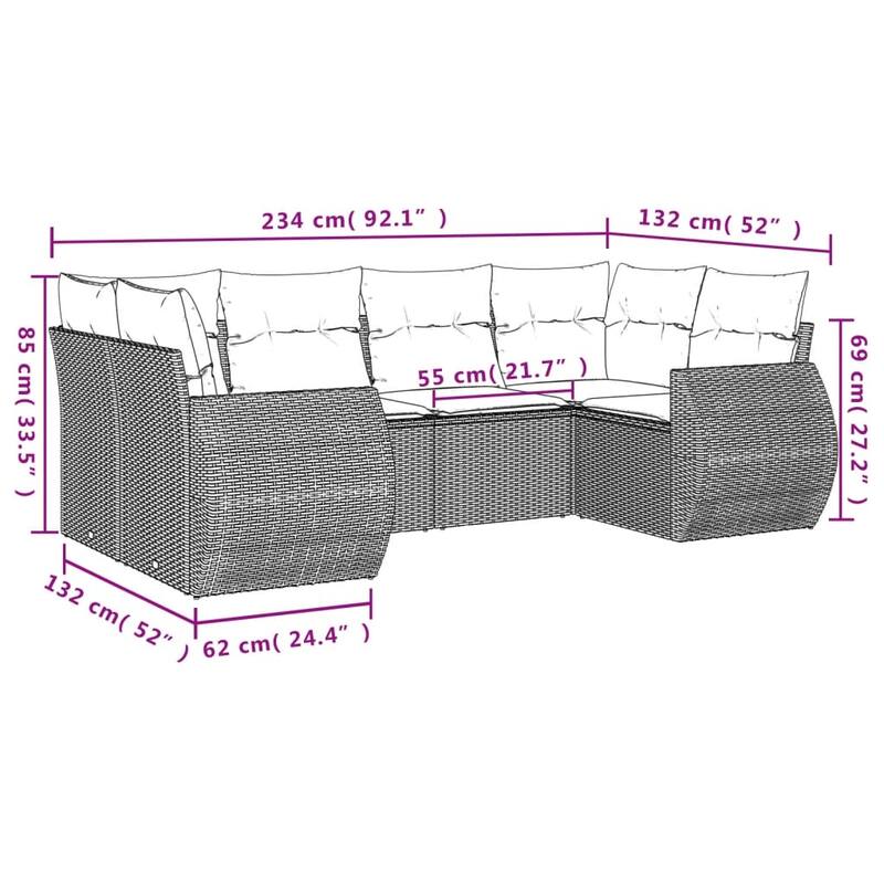 vidaXL Patio Sofa Set with Cushions Outdoor Furniture 6 Piece Poly Rattan - 24.4 x 28.0 x 27.2