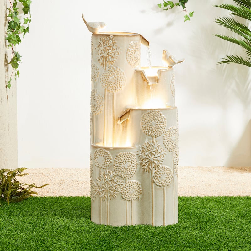 Glitzhome 31.75"H 4-Tier LED Vase-Shaped Ceramic Outdoor Floor Fountain with Birds/ Lotus