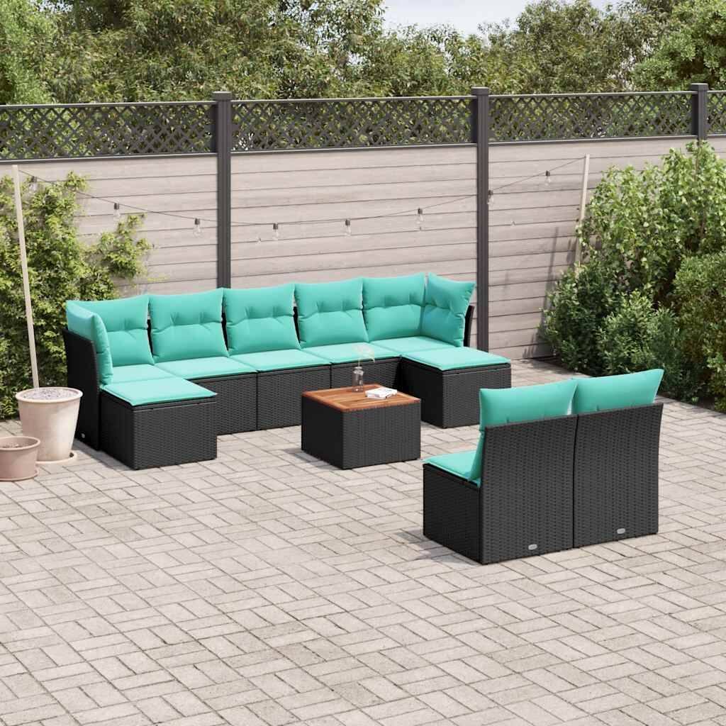 vidaXL 10 Piece Patio Sofa Set with Cushions Black Poly Rattan - 24.4 x 24.4 x 27.2