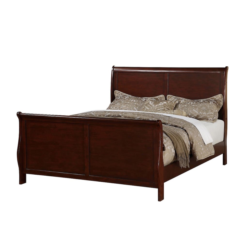 Queen Size Sleigh Design Bedframe in Dark Cherry, Contemporary Style