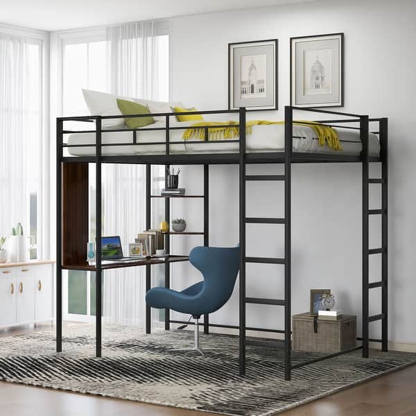 Full Size Metal Loft Bed with 2 Shelves and one Desk Bed Bath