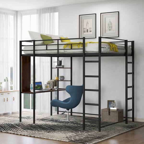 slide 2 of 43, Roomfitters Full Size Metal Loft Bed with Built-in Desk and Two Shelves, Space-Saving Sturdy Frame for Bedroom Black