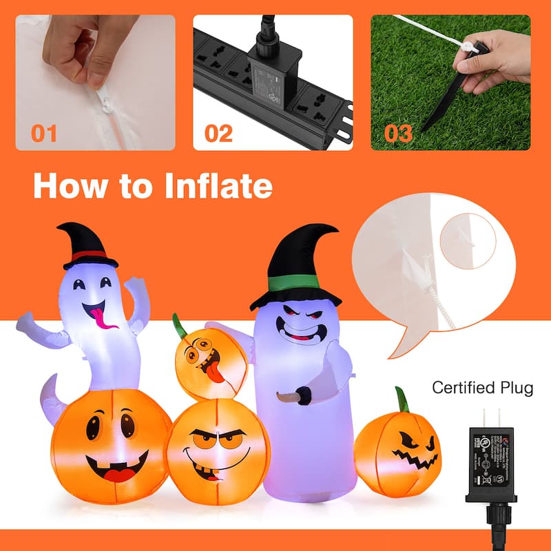 Gymax 6FT Halloween Inflatable Pumpkin & Ghost Combo Decor w/ LED &