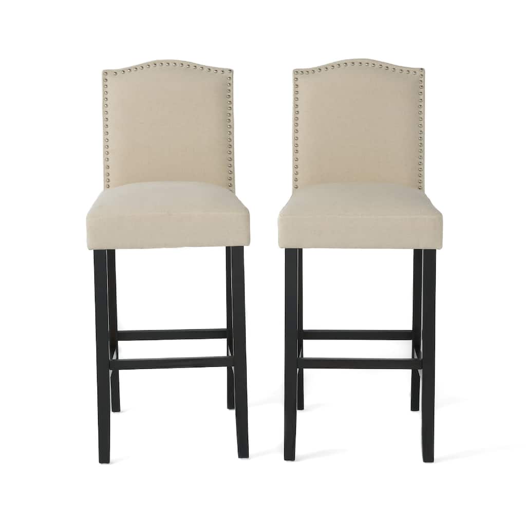 Marky Barstool Chair Set of 2, Arched Back and Footrest, Beige Fabric