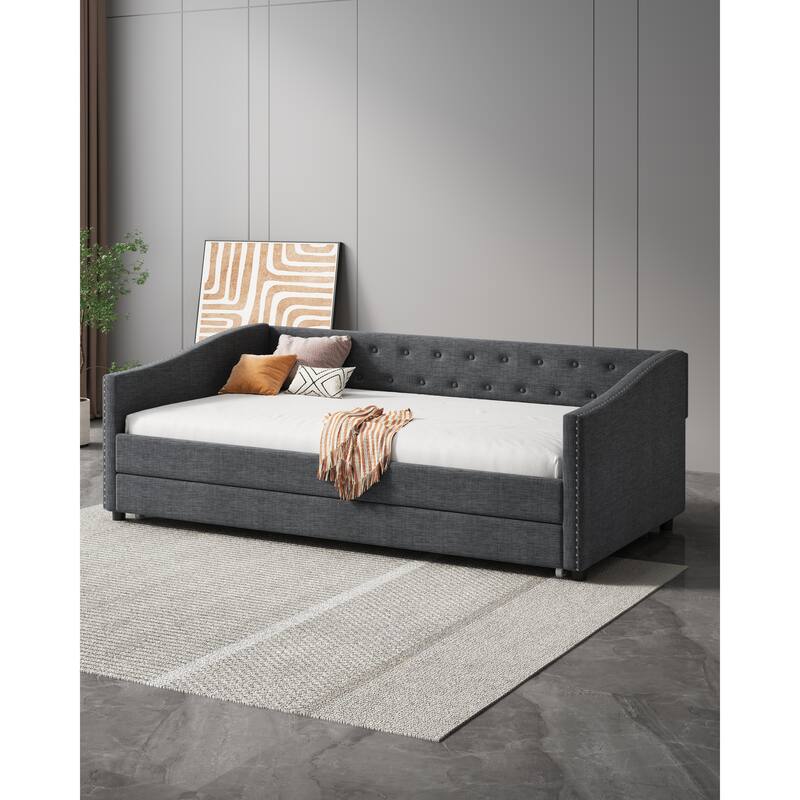 Linen Tufted Daybed with Trundle, Upholstered Platform Sofa Bed Frame, Wooden Slat Support - DARK GREY - Twin