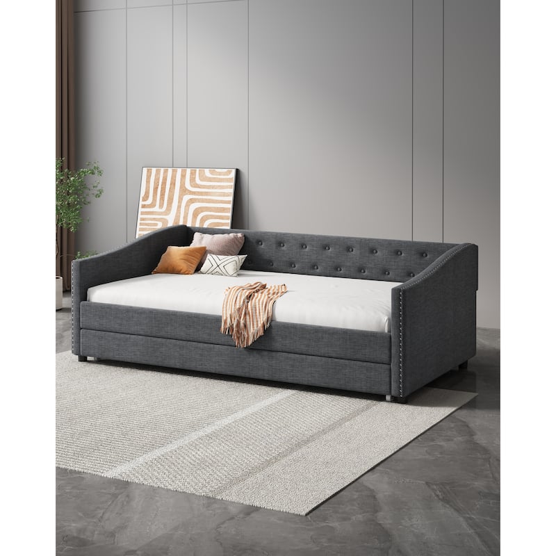 Upholstered Tufted Daybed with Copper Nail on Waved Arms