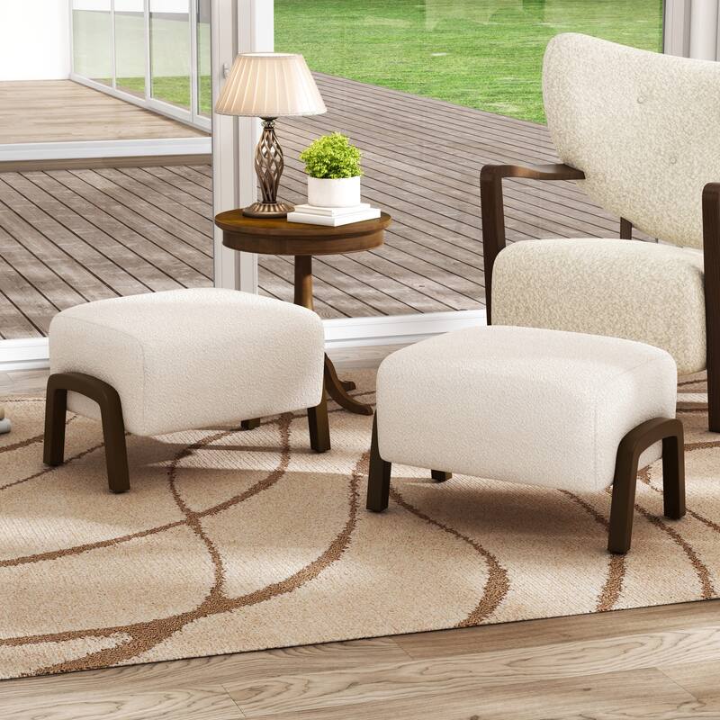 Christopher Knight Home - Mina Boucle Storage Ottoman with Solid Wood Legs - 2 Piece - White+Dark Brown
