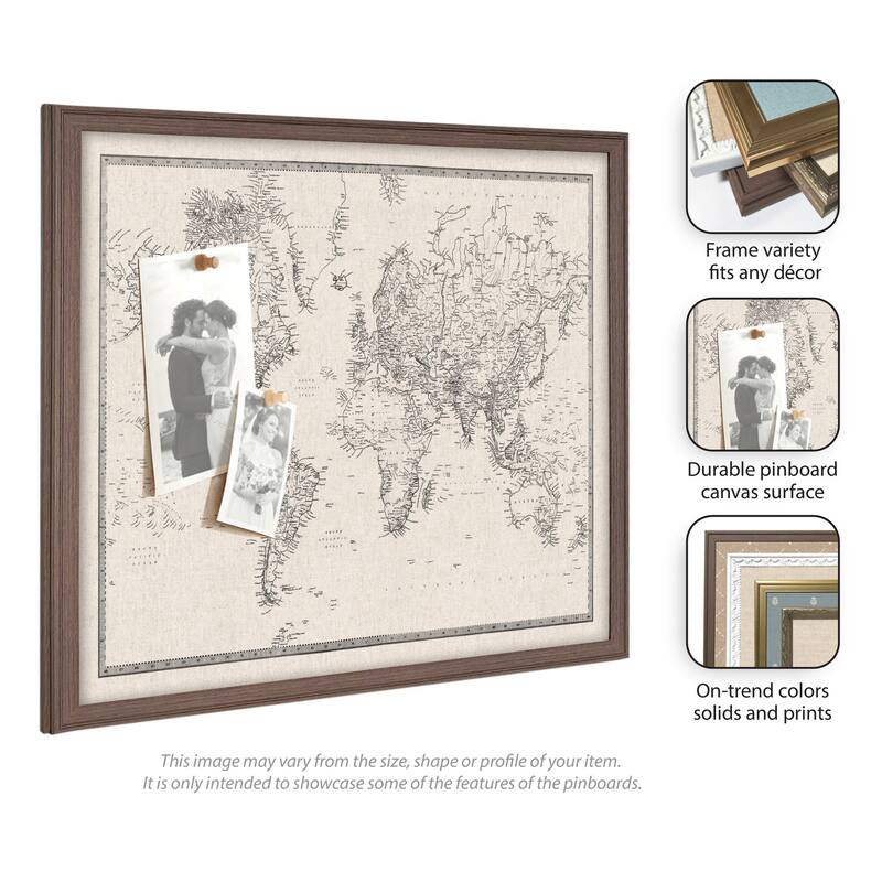 Kate and Laurel Framed Fabric Pinboard Vintage Black and White Linen World Map Wall Organization