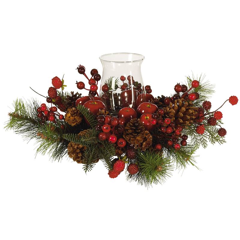 17.5" Red Berries Apples Pinecones Celabrum Glass Candleholder
