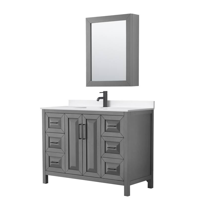Daria 48-inch Single Vanity, Single Hole Quartz Top, Med Cabinet - Dark Gray, Black Trim, White Quartz Top