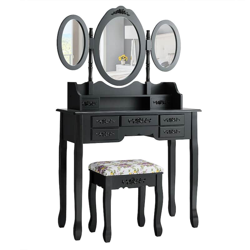 Makeup Vanity Table Set with Stool Drawers and Foldable Mirror