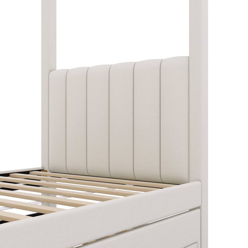 Bedroom Twin Size Canopy Bed Frame, Upholstery Linen Platform Bed with Three Storage Drawers and Pull-Out Trundle Bed