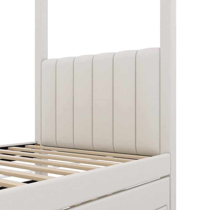 Modern Canopy Bed Frame with Upholstered Headboard/Wood Platform Bed with Trundle & 3 Storage Drawers/Wood Slats Support/Beige