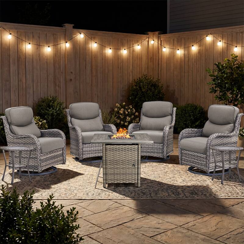 Pocassy Outdoor Propane Fire Pit Table with Sofa Swivel Chair Funiture Set. - Gray Wicker Gray Cushion - 7-Piece Swivel Chair Table w/ Fie Pit Table