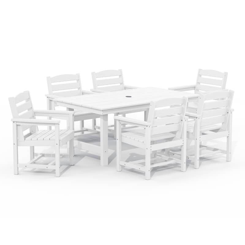 7-Piece HDPE Outdoor Dining Table Sets with Umbrella Hole - 1-Table 6-Chairs - White