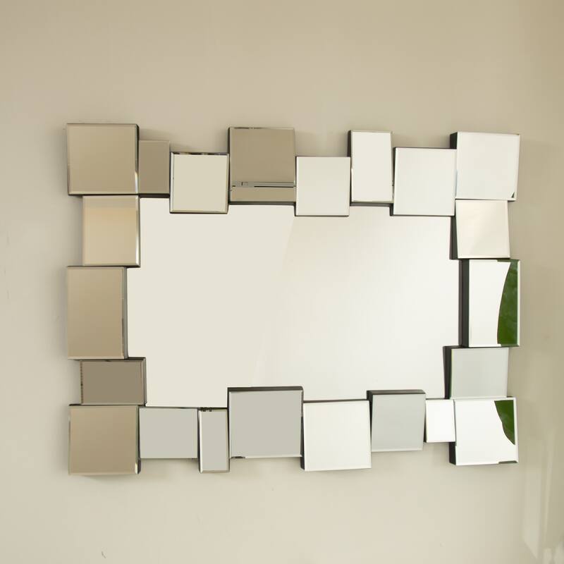 Reage Geometric Square-Spliced PU Art Decorative Mirror - Wall-Mounted, Bathroom, Bedroom - Silver