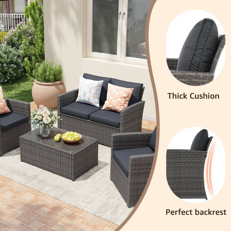 4 Person Patio Rattan Conversation Set with Grey Cushions Outdoor Tempered Glass Table