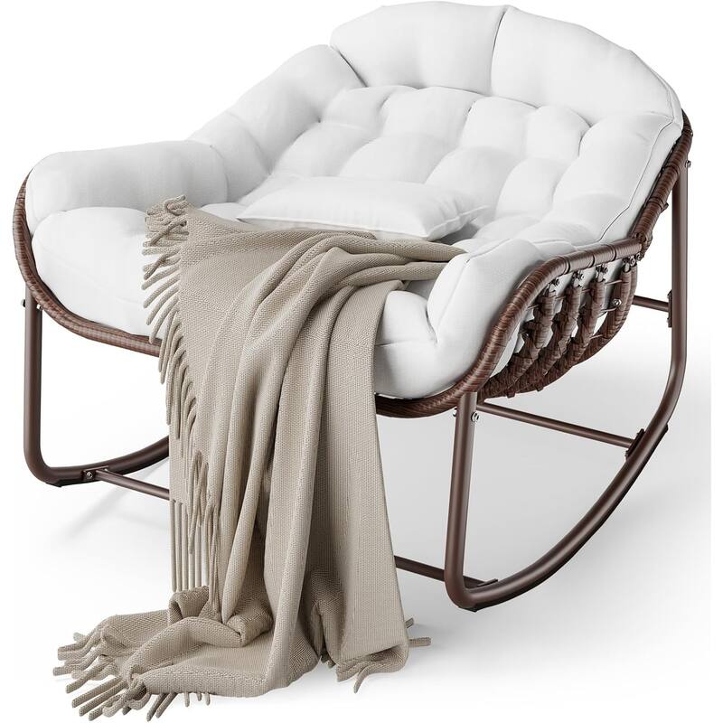 Patio Rocking Chair, Oversized Wicker Lounge Chair with Cushion,Patio Rattan Egg Rocker for Backyard