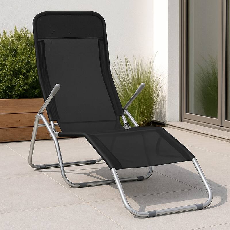 Folding Sun Chaise Lounger Set of 2, Chrome Steel, Black Textilene