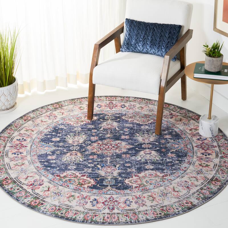 SAFAVIEH Tucson Machine Washable Slip Resistant Fraida Oriental Rug - 6' Round - Navy/Beige
