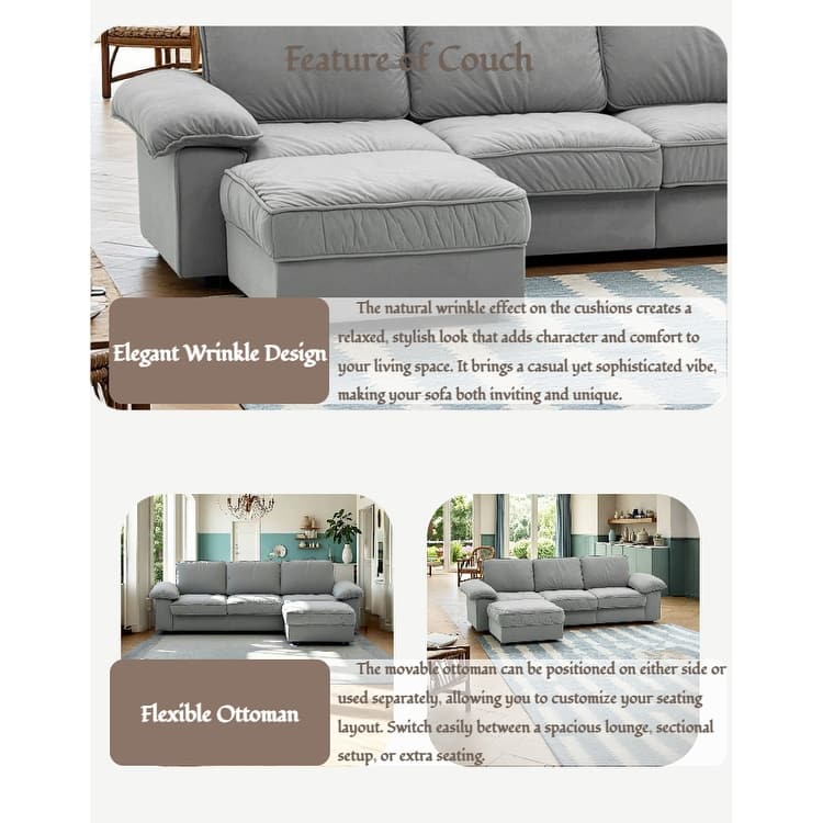 Upholstered L-Shaped Sectional Sofa Couch with Ottoman, Modern Fabric Deep Seat Sofa